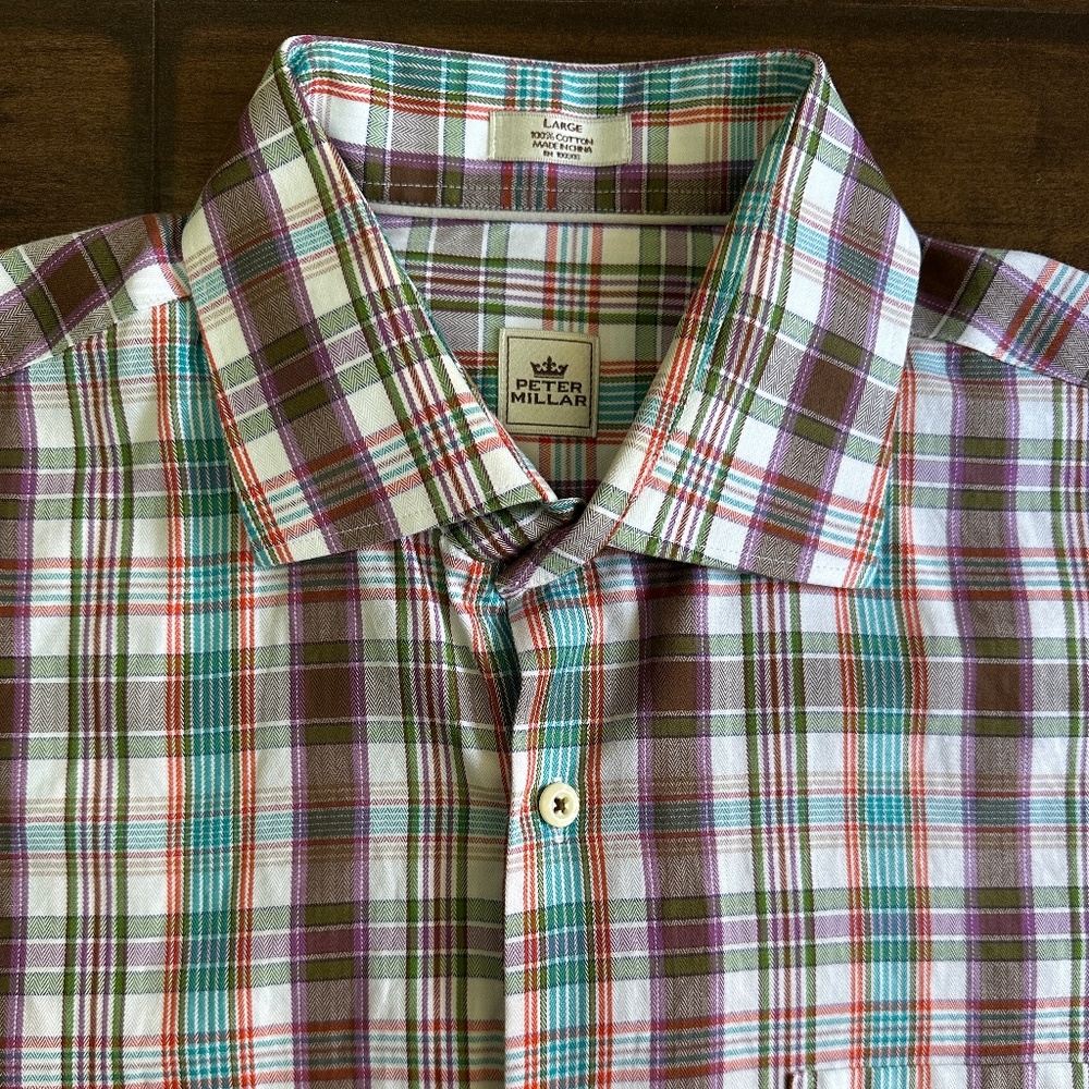 Peter Millar Long Sleeve Plaid Shirt Purple Orange Blue LARGE